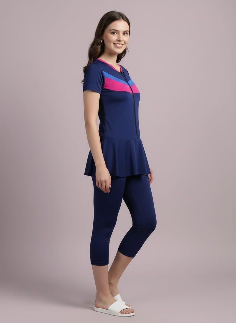 N-Gal Women Front Zip Frock Style Knee Length Padded One Piece Swimming Costume |Swimsuit Set for Women|NavyBlue|M - Image 3