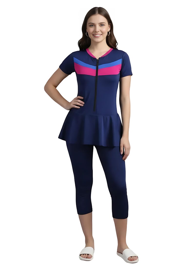 N-Gal Women Front Zip Frock Style Knee Length Padded One Piece Swimming Costume |Swimsuit Set for Women|NavyBlue|M - Image 1