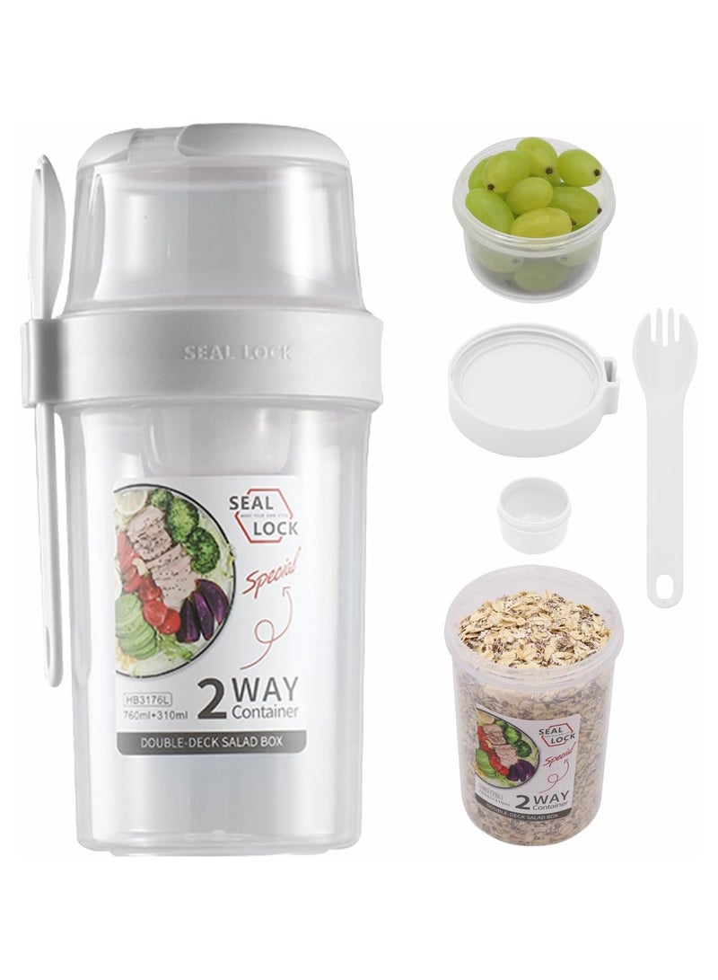 Double Layered Salad Cup Breakfast Salad Cup Light Meal With Fork Cover Dip Box Portable Good Sealing Performance Plastic Multi-Purpose Container Can (White)  - Image 1