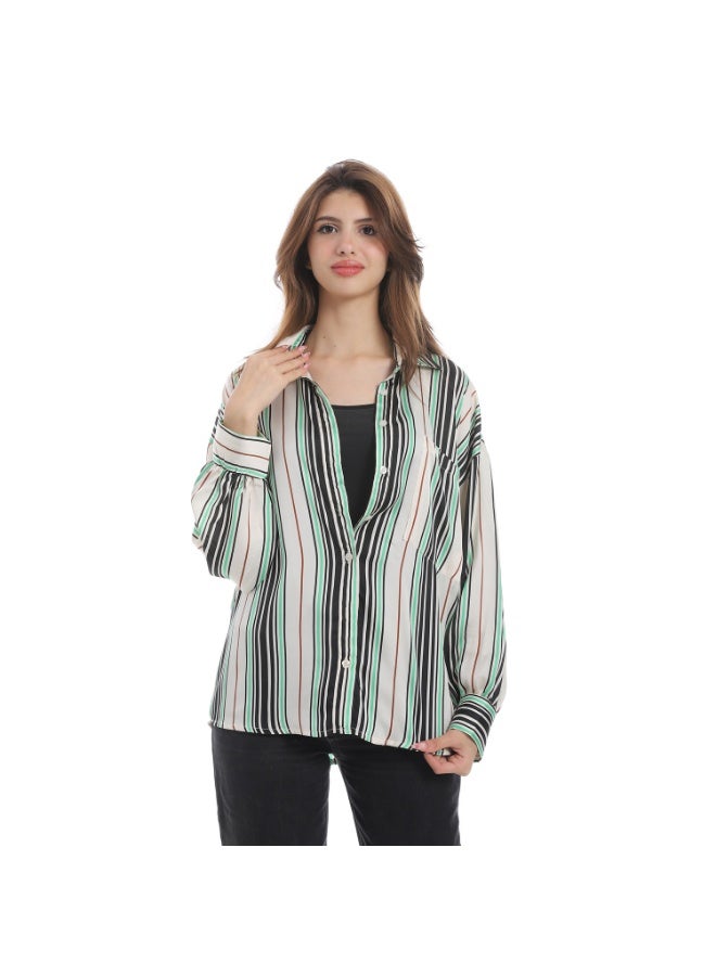 Coctail 5641-Striped Satin Shirt-Black*green*white  - Image 1