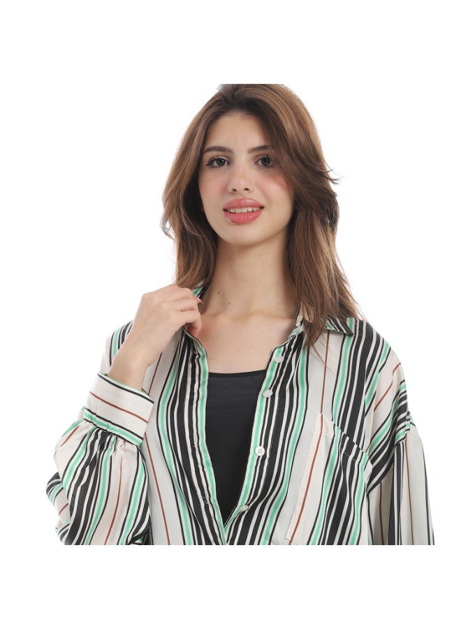 Coctail 5641-Striped Satin Shirt-Black*green*white  - Image 4