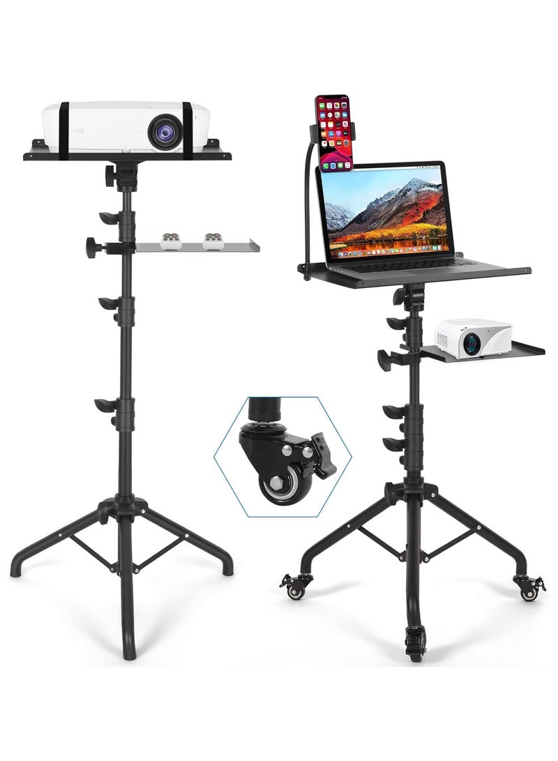 Hihonor Laptop Tripod on Wheels with 2 Shelves, Portable Projector Floor Stand Adjustable Height 25.9 to 51.8 Inch with Phone Holder  - Image 1