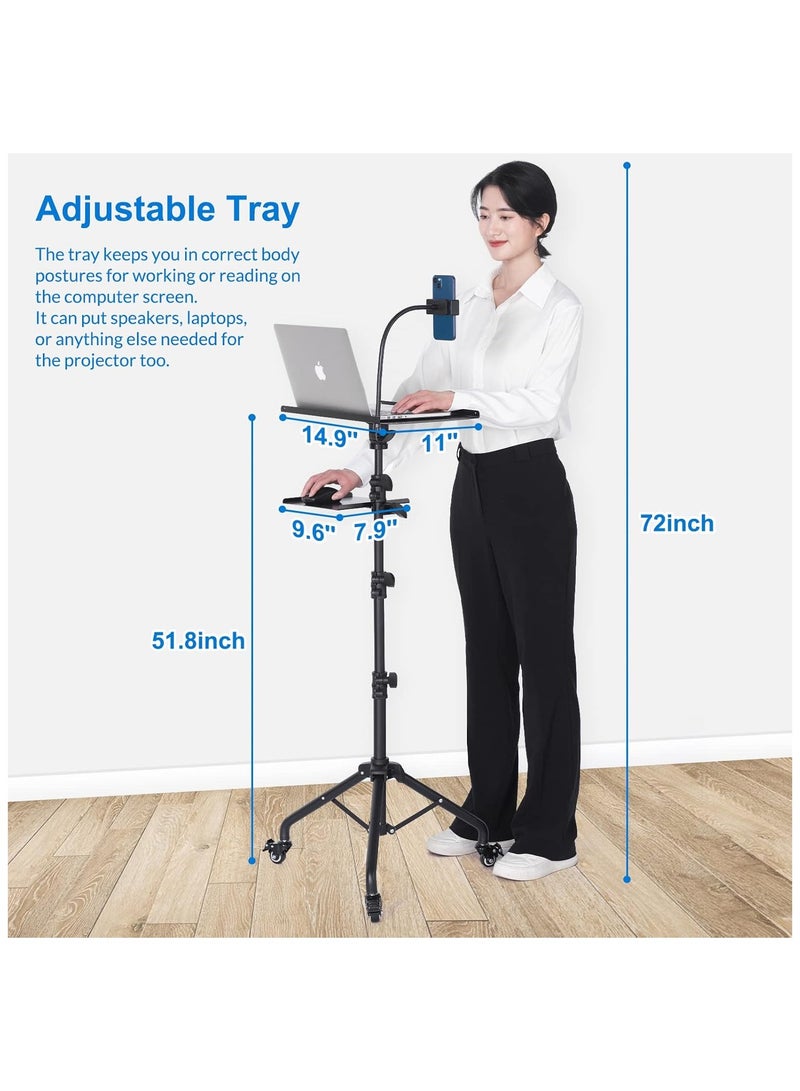 Hihonor Laptop Tripod on Wheels with 2 Shelves, Portable Projector Floor Stand Adjustable Height 25.9 to 51.8 Inch with Phone Holder  - Image 5