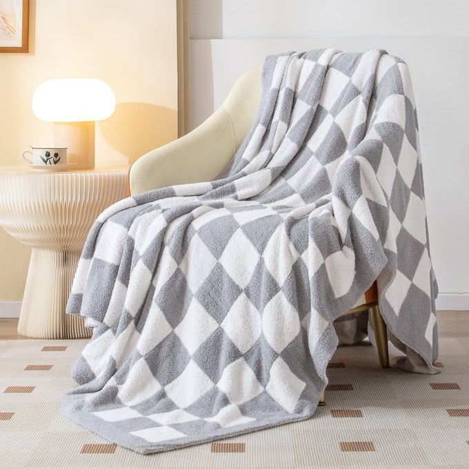 CHECKERED THROW BLANKET SOFT COZY FLUFFY REVERSIBLE CHECKERBOARD KNITTED THROW BLANKET WARM PLUSH MICROFIBER PLAID LIGHTWEIGHT BLANKET FOR COUCH BED TRAVELGREY 5163