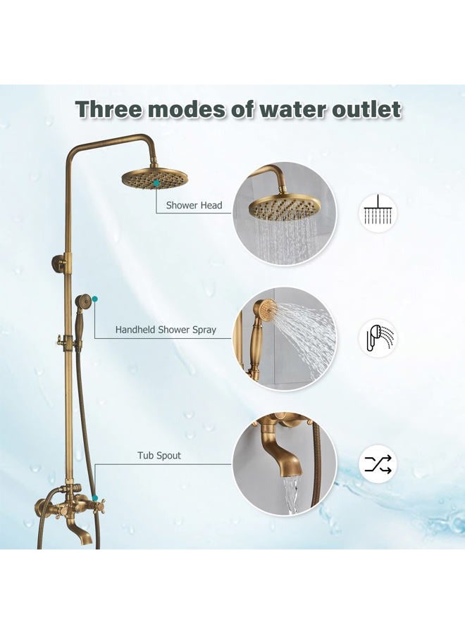 NeierThodore Antique Brass 8-Inch Bathroom Shower Faucet System Rainfall Shower Head Wall-Mounted Dual Cross Handle Bathtub Shower Mixer Tap with Hand Sprayer - Image 2