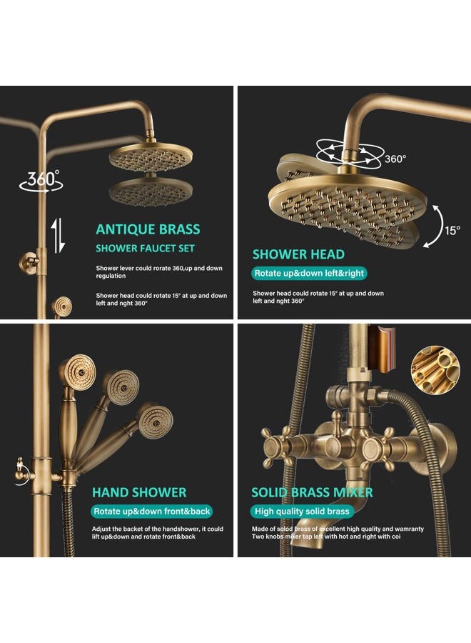 NeierThodore Antique Brass 8-Inch Bathroom Shower Faucet System Rainfall Shower Head Wall-Mounted Dual Cross Handle Bathtub Shower Mixer Tap with Hand Sprayer - Image 4