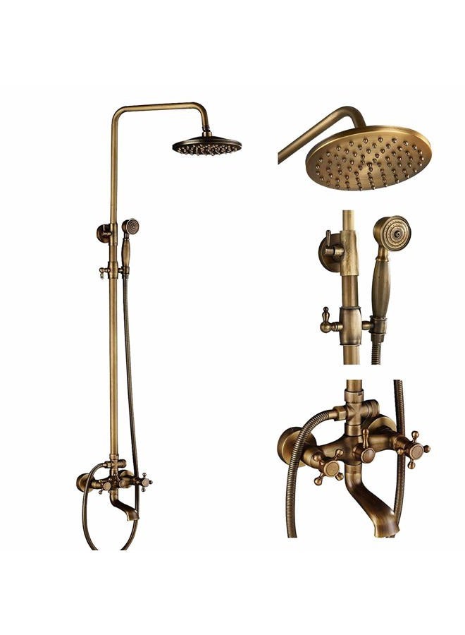 NeierThodore Antique Brass 8-Inch Bathroom Shower Faucet System Rainfall Shower Head Wall-Mounted Dual Cross Handle Bathtub Shower Mixer Tap with Hand Sprayer - Image 1