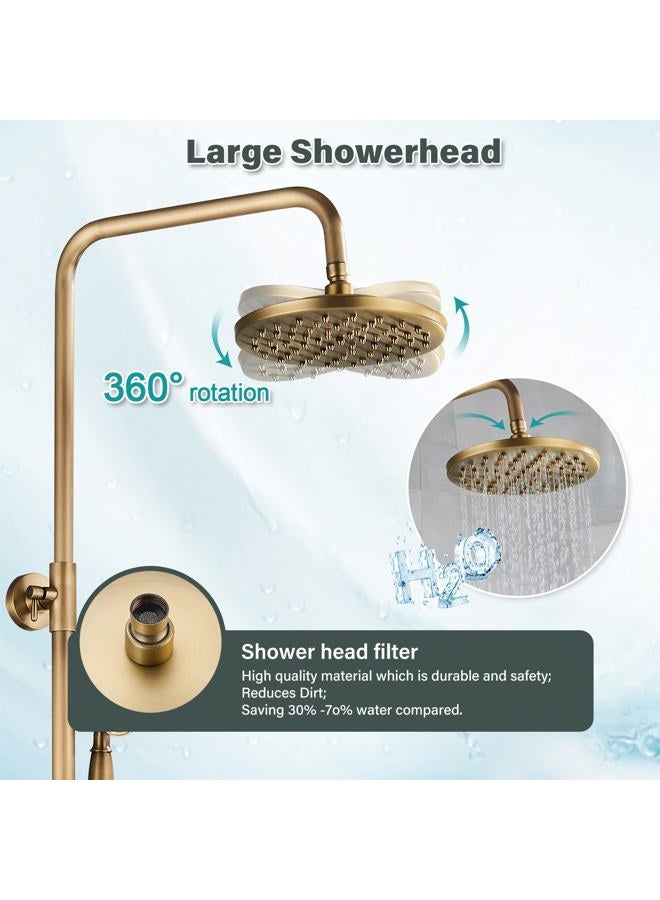 NeierThodore Antique Brass 8-Inch Bathroom Shower Faucet System Rainfall Shower Head Wall-Mounted Dual Cross Handle Bathtub Shower Mixer Tap with Hand Sprayer - Image 5