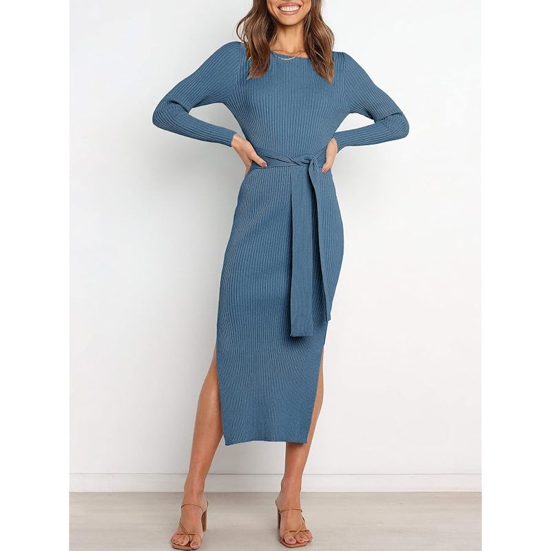 ANRABESS Womens Long Sleeve Sweater Dress Crew Neck Slim Fit Slit Tie Waist 2026 Ribbed Knit Bodycon Midi Dress Fall Outfits - Image 2