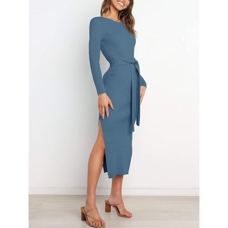 ANRABESS Womens Long Sleeve Sweater Dress Crew Neck Slim Fit Slit Tie Waist 2026 Ribbed Knit Bodycon Midi Dress Fall Outfits - Image 3
