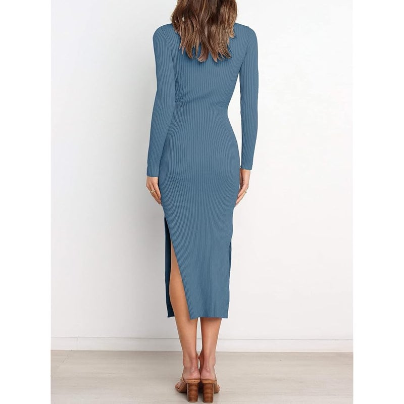 ANRABESS Womens Long Sleeve Sweater Dress Crew Neck Slim Fit Slit Tie Waist 2026 Ribbed Knit Bodycon Midi Dress Fall Outfits - Image 5
