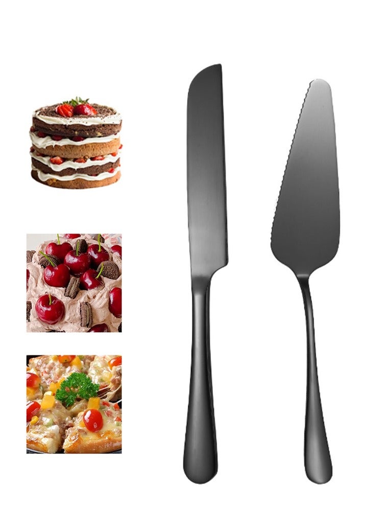 Elegant Cake Knife And Server Set, Thickened Stainless Steel Round Edge, Cake Pizza Dim Sum Bread Shovel, Suitable For Birthday Anniversary Celebrations, 2 Pieces, Black  - Image 1