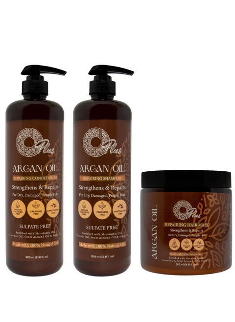 Argan Hair Treatment Set, Shampoo 1000 ml, Conditioner 1000 ml, and Bath Oil 500 ml for protein and keratin.