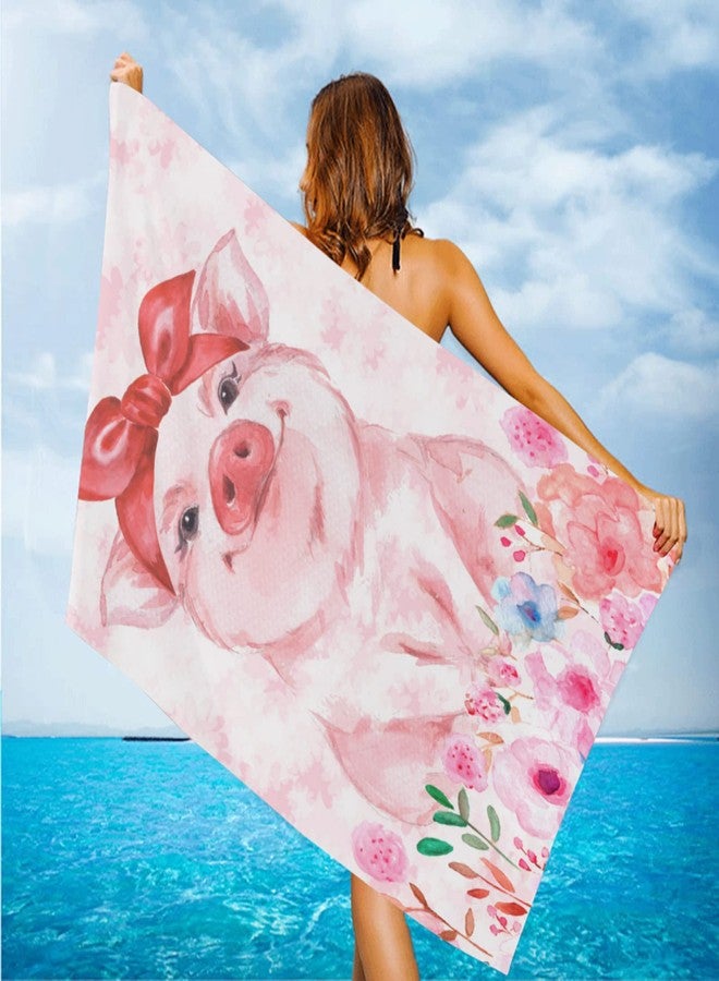 feelacle Pink Pig Floral Sand Free Beach Towel Absorbent Bath Towel Large Hand Towels for Swimming Bathroom Spa Pool - Image 1