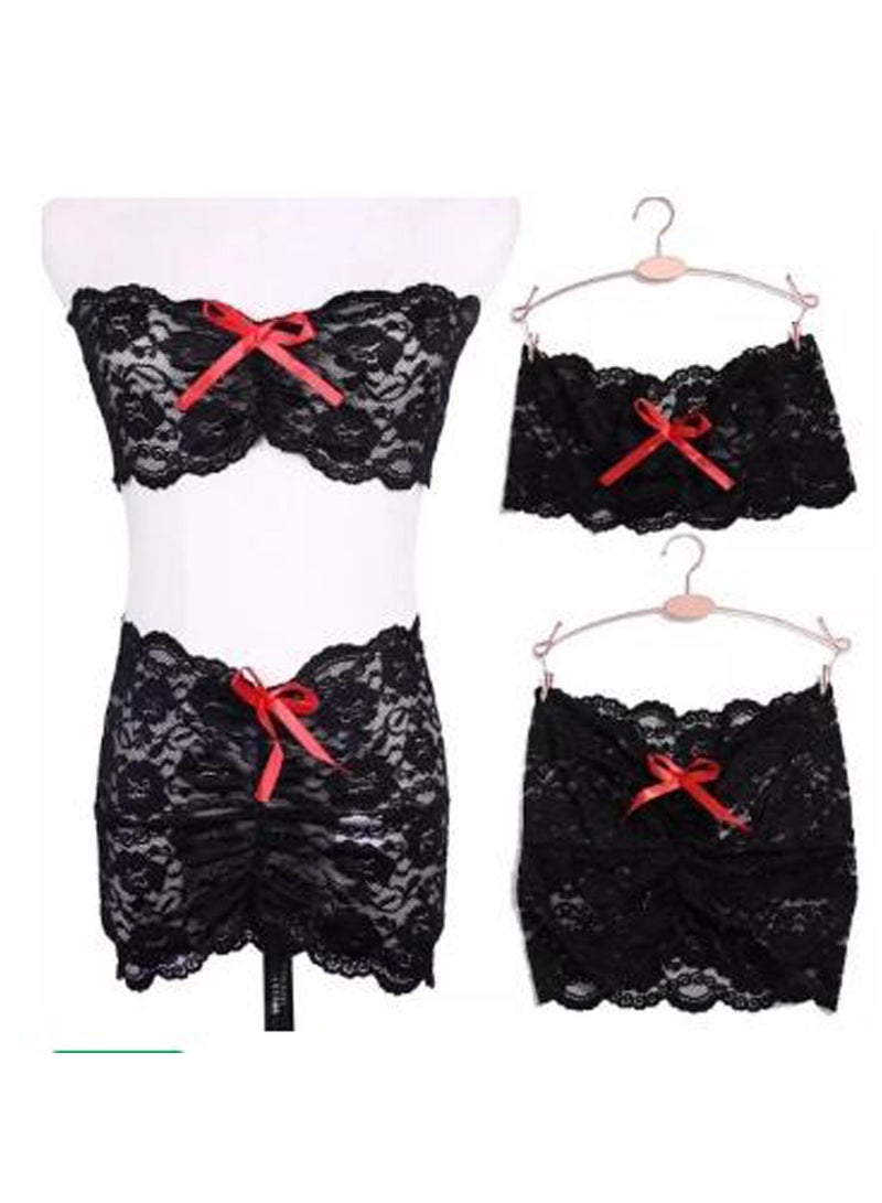 JOLLY Women Pole Dancing Costume Bow Knot Lace Lingerie Set
