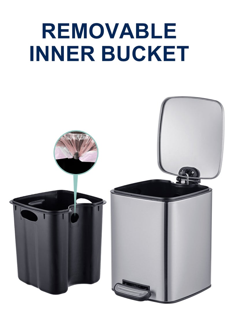 ايست من نون سلة مهملات سعة 30 لترًا من الفولاذ المقاوم للصدأ المصقول، سلة مهملات مربعة بدواسة مع غطاء ودلاء داخلية، سلة مهملات من الفولاذ بدون استخدام اليدين للمنزل والمكتب - Image 5