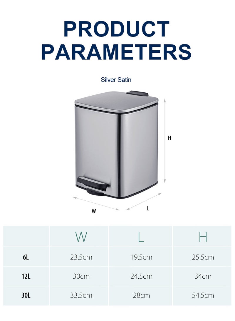 ايست من نون سلة مهملات سعة 30 لترًا من الفولاذ المقاوم للصدأ المصقول، سلة مهملات مربعة بدواسة مع غطاء ودلاء داخلية، سلة مهملات من الفولاذ بدون استخدام اليدين للمنزل والمكتب - Image 4