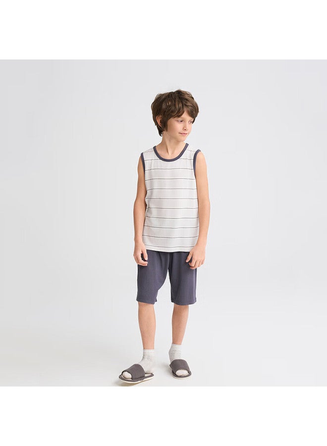 Aimer kids طقم قميص بدون أكمام بنمط مخطط وسروال بخمسة نقاط للأولاد من إيمر كيدز - مخطط رمادي وأبيض، مقاس 110 - Image 3
