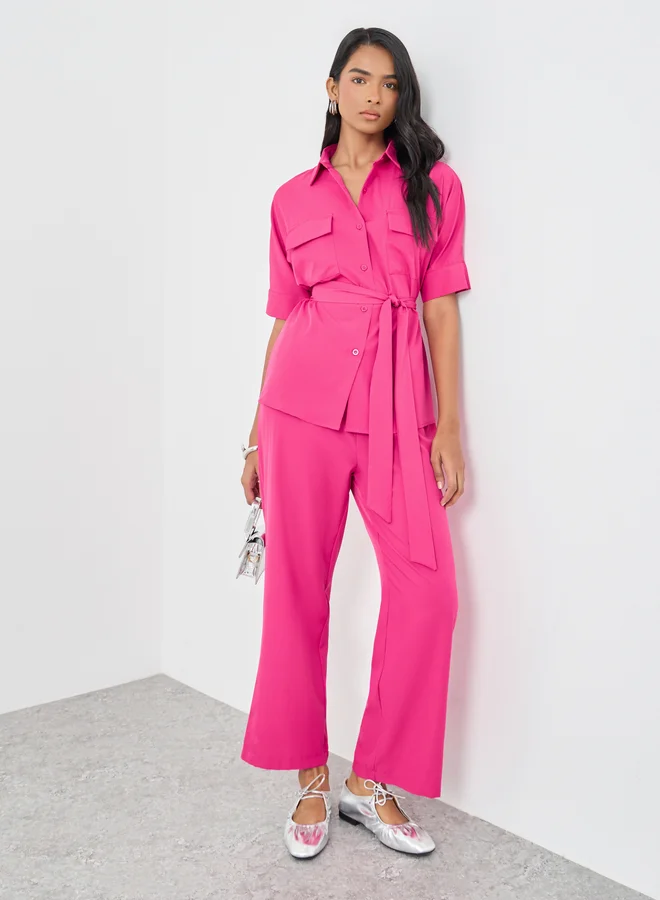 Take Two Take Two Solid Belted Shirt and Wide Leg Pants Co-Ords