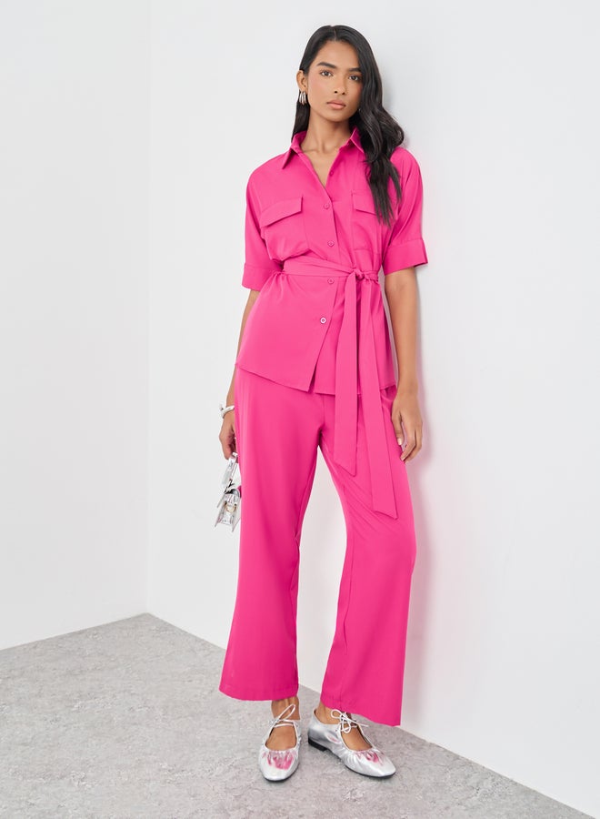 Take Two Solid Belted Shirt and Wide Leg Pants Co-Ords - Image 1
