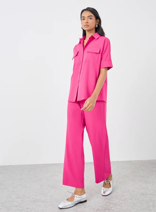 Take Two Take Two Solid Belted Shirt and Wide Leg Pants Co-Ords
