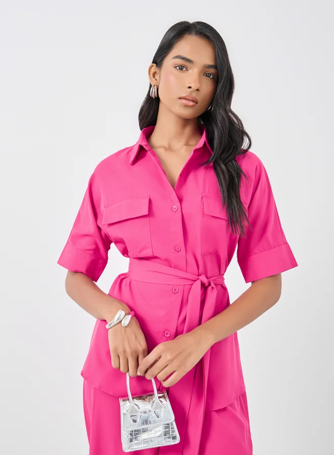 Take Two Take Two Solid Belted Shirt and Wide Leg Pants Co-Ords