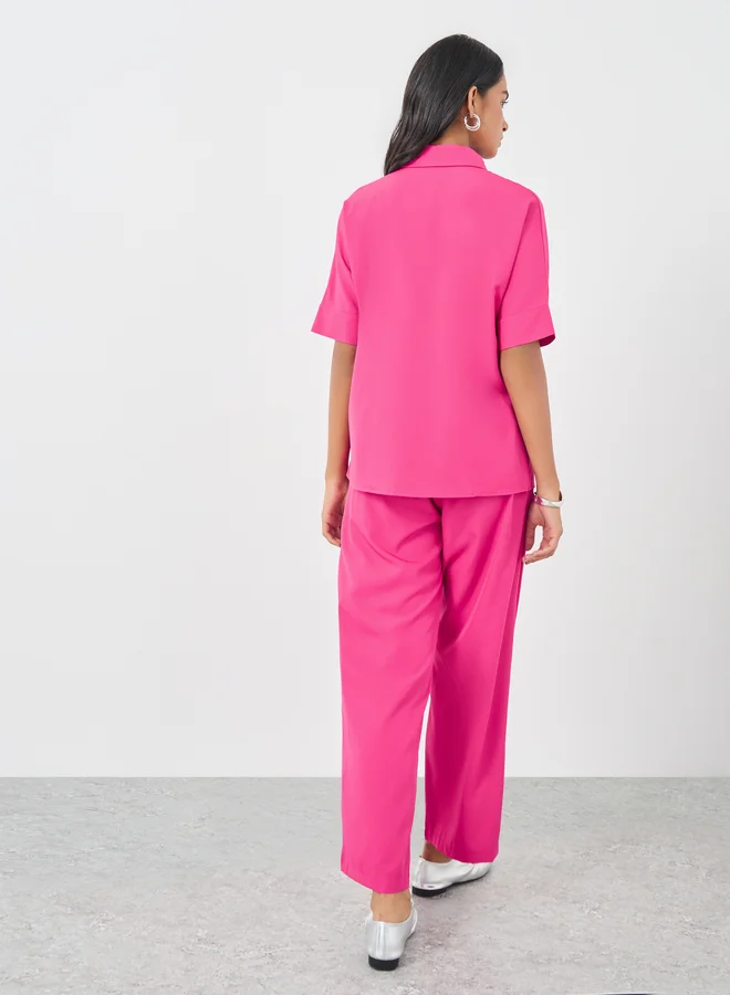 Take Two Take Two Solid Belted Shirt and Wide Leg Pants Co-Ords
