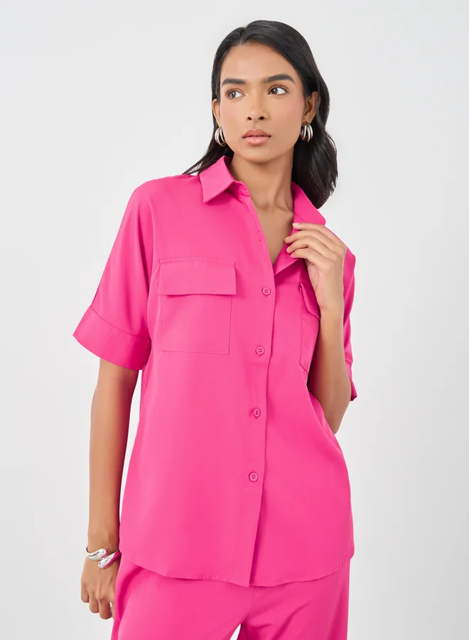 Take Two Take Two Solid Belted Shirt and Wide Leg Pants Co-Ords