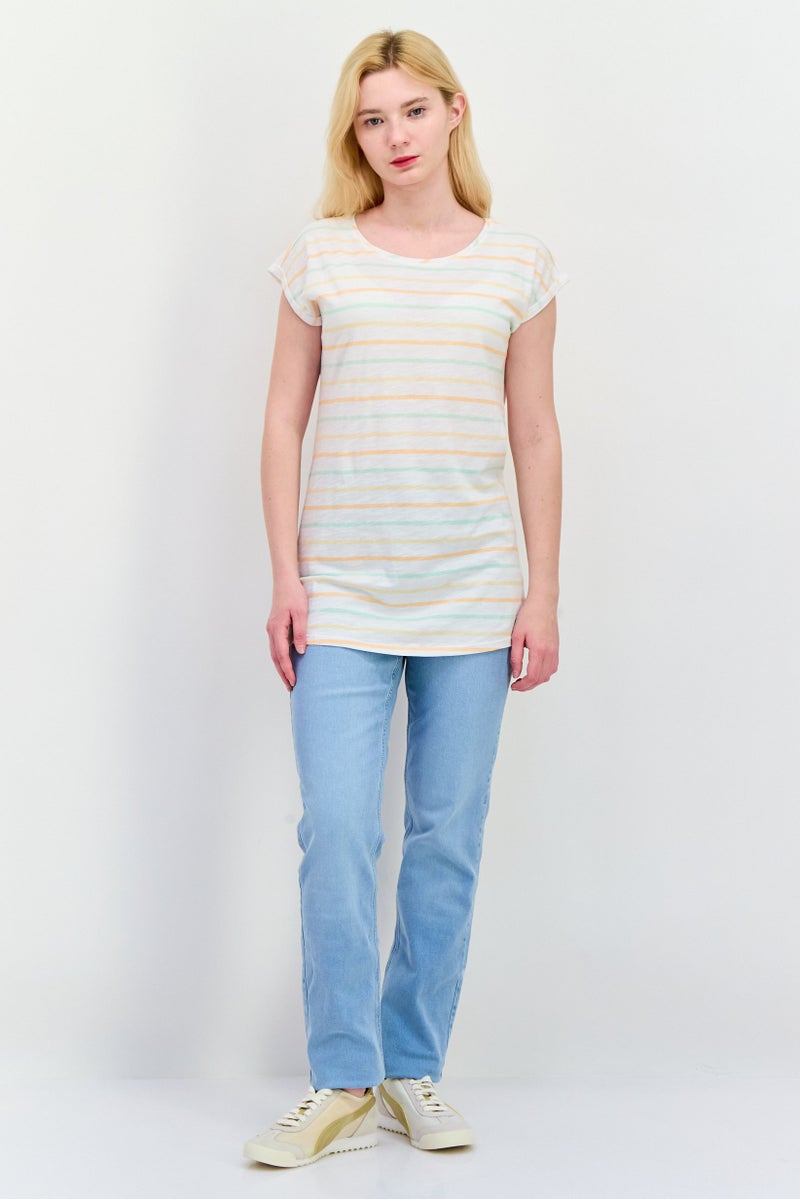 ESPRIT Women Round Neck Short Sleeves Stripe T-Shirt, White Combo - Image 4