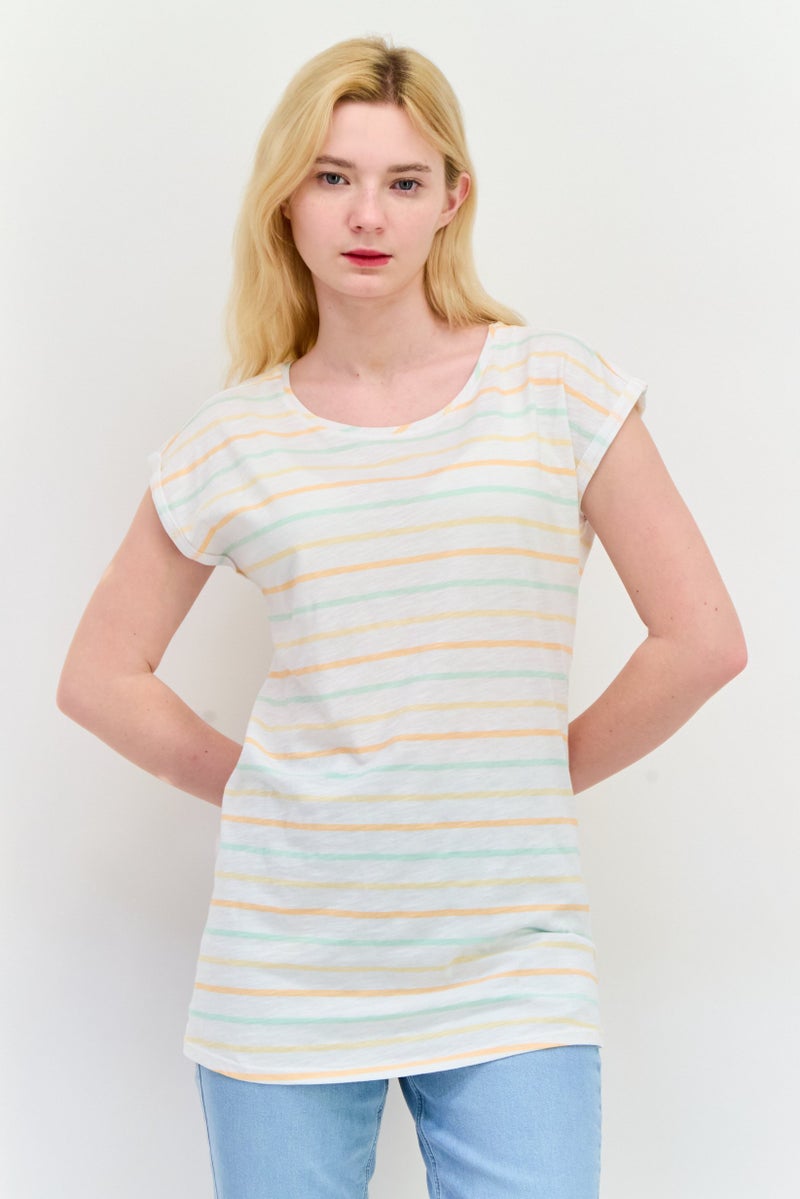 ESPRIT Women Round Neck Short Sleeves Stripe T-Shirt, White Combo - Image 1