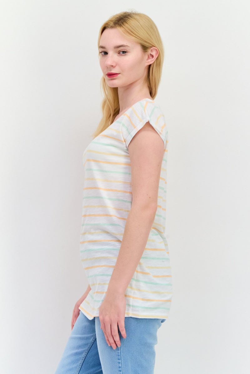 ESPRIT Women Round Neck Short Sleeves Stripe T-Shirt, White Combo - Image 2