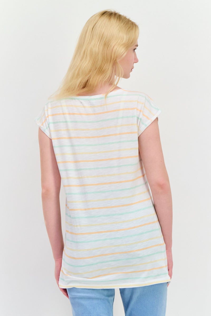 ESPRIT Women Round Neck Short Sleeves Stripe T-Shirt, White Combo - Image 3