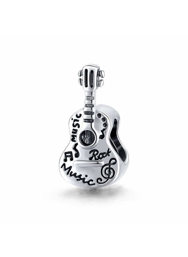 LAMOONY Guitar Charm 925 Sterling Silver Note Charm Music Charm Rainbow Charm Puzzle Charm Love Charm for Pandora Charm Bracelet (Guitar A) - Image 1