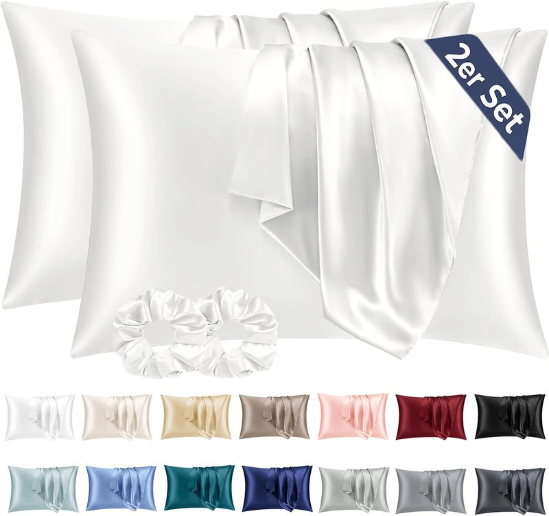 Vielit Set of 2 Satin Cushion Covers, 50 x 80 cm, Ivory, Soft as Silk Pillowcase, Better Care Than Silk Pillose Case, Satin Pillowcase 50 x 80 cm, Cushion Cover for Hair and Skin with 2 Hair Bobbles - Image 1