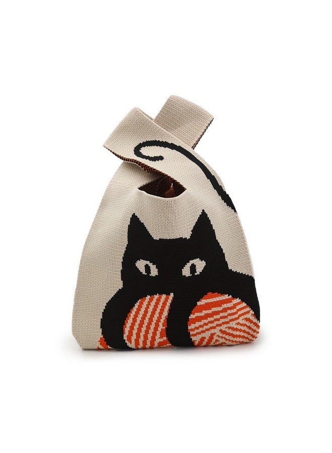 Kawn Kawn® Crochet Wrist Handbag for Women Wristlet Handbag Sleeve Knot Pouch Portable knitted breathable lightweight foldable Casual Small Purse Cute Tote Bag For Shopping, Dating, Travel (Black Cat) - Image 1