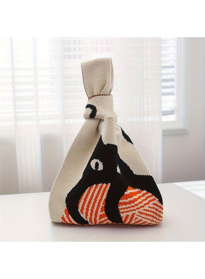 Kawn Kawn® Crochet Wrist Handbag for Women Wristlet Handbag Sleeve Knot Pouch Portable knitted breathable lightweight foldable Casual Small Purse Cute Tote Bag For Shopping, Dating, Travel (Black Cat) - Image 4