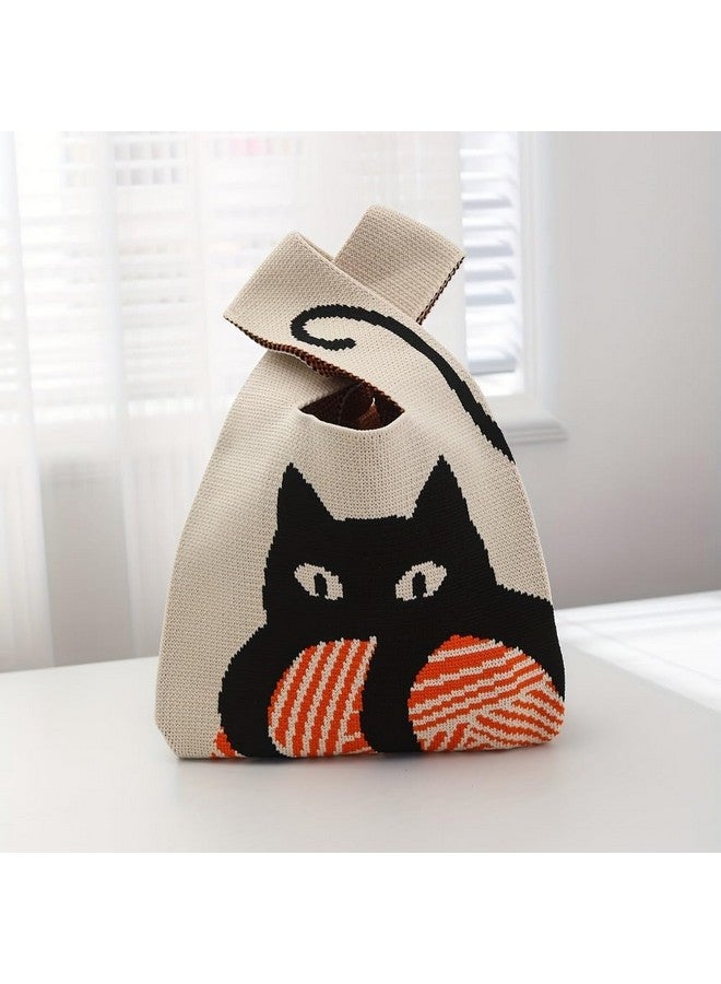 Kawn Kawn® Crochet Wrist Handbag for Women Wristlet Handbag Sleeve Knot Pouch Portable knitted breathable lightweight foldable Casual Small Purse Cute Tote Bag For Shopping, Dating, Travel (Black Cat) - Image 3