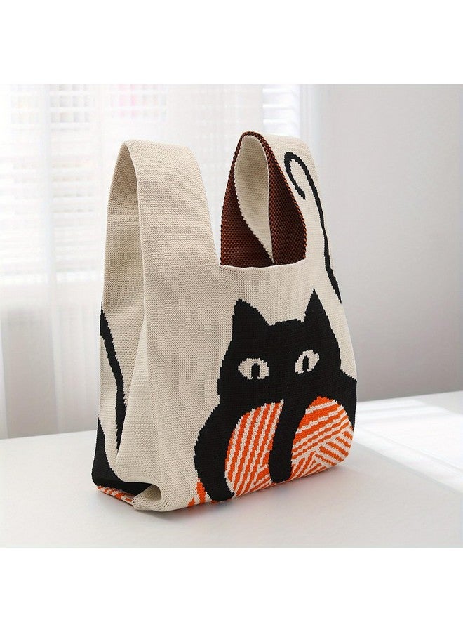 Kawn Kawn® Crochet Wrist Handbag for Women Wristlet Handbag Sleeve Knot Pouch Portable knitted breathable lightweight foldable Casual Small Purse Cute Tote Bag For Shopping, Dating, Travel (Black Cat) - Image 5