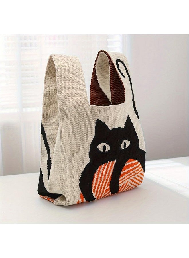 Kawn Kawn® Crochet Wrist Handbag for Women Wristlet Handbag Sleeve Knot Pouch Portable knitted breathable lightweight foldable Casual Small Purse Cute Tote Bag For Shopping, Dating, Travel (Black Cat) - Image 2