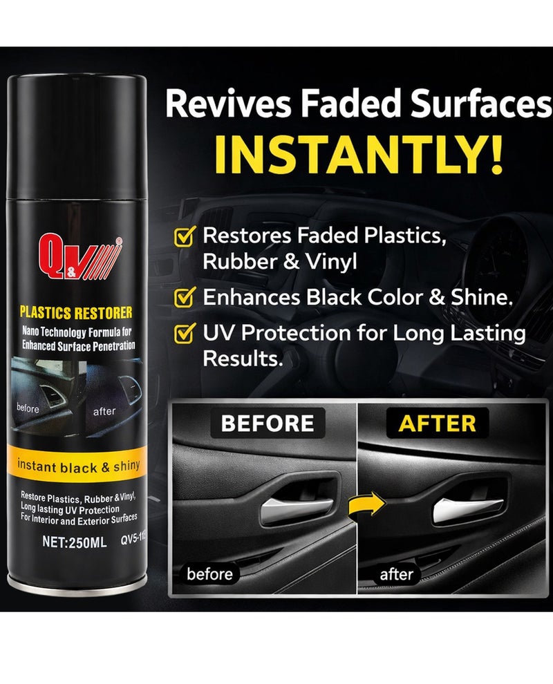 Q&V Plastics Restorer Spray 250ML Nano Technology Plastic Polish Restorer Car Interior Exterior Trim Restorer Dashboard Polish Rubber Vinyl Shine UV Protection Instant Black Gloss Finish Model QV5-112 2PCS - Image 4