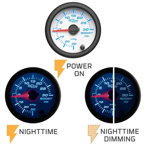 GLOWSHIFT مجموعة عداد ضغط/فراغ توربو 30 PSI من جلو شيفت باللون الأبيض مع 7 ألوان - تشمل خرطوم ميكانيكي، وصمام T، وأسلاك - عرض متعدد الألوان - قرص أبيض - عدسة شفافة - للسيارة والشاحنة - 2-1/16" 52mm - Image 5