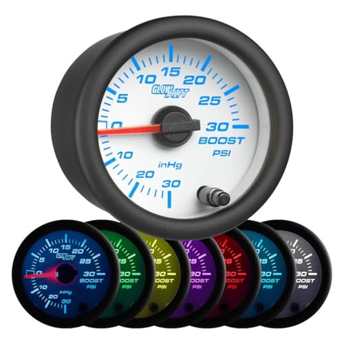 GLOWSHIFT مجموعة عداد ضغط/فراغ توربو 30 PSI من جلو شيفت باللون الأبيض مع 7 ألوان - تشمل خرطوم ميكانيكي، وصمام T، وأسلاك - عرض متعدد الألوان - قرص أبيض - عدسة شفافة - للسيارة والشاحنة - 2-1/16" 52mm - Image 1