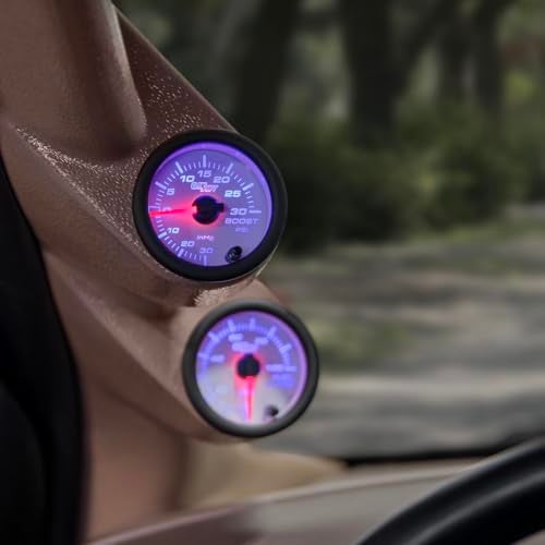 GLOWSHIFT مجموعة عداد ضغط/فراغ توربو 30 PSI من جلو شيفت باللون الأبيض مع 7 ألوان - تشمل خرطوم ميكانيكي، وصمام T، وأسلاك - عرض متعدد الألوان - قرص أبيض - عدسة شفافة - للسيارة والشاحنة - 2-1/16" 52mm - Image 3