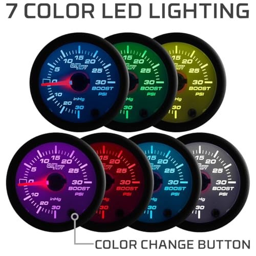 GLOWSHIFT مجموعة عداد ضغط/فراغ توربو 30 PSI من جلو شيفت باللون الأبيض مع 7 ألوان - تشمل خرطوم ميكانيكي، وصمام T، وأسلاك - عرض متعدد الألوان - قرص أبيض - عدسة شفافة - للسيارة والشاحنة - 2-1/16" 52mm - Image 4