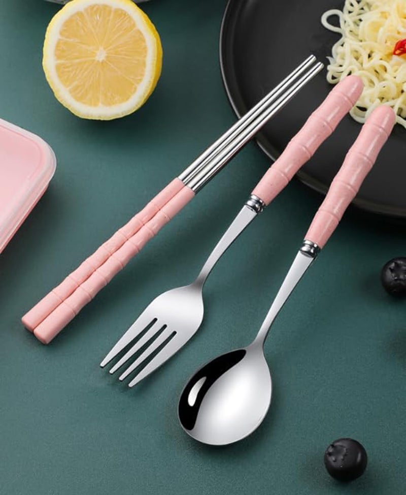 INOVERA (LABEL) 3 Pieces Cutlery Set of Spoon, Fork, Chopsticks - Reusable Tableware Cutleries with Case - Dining Accessories Sets for Travel, Office, Home (Pink) - Image 5