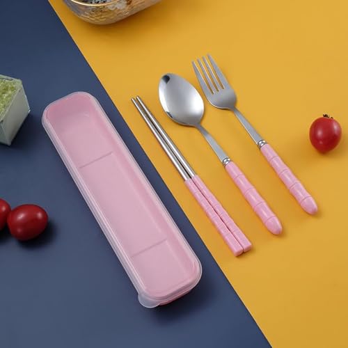 INOVERA (LABEL) 3 Pieces Cutlery Set of Spoon, Fork, Chopsticks - Reusable Tableware Cutleries with Case - Dining Accessories Sets for Travel, Office, Home (Pink) - Image 1
