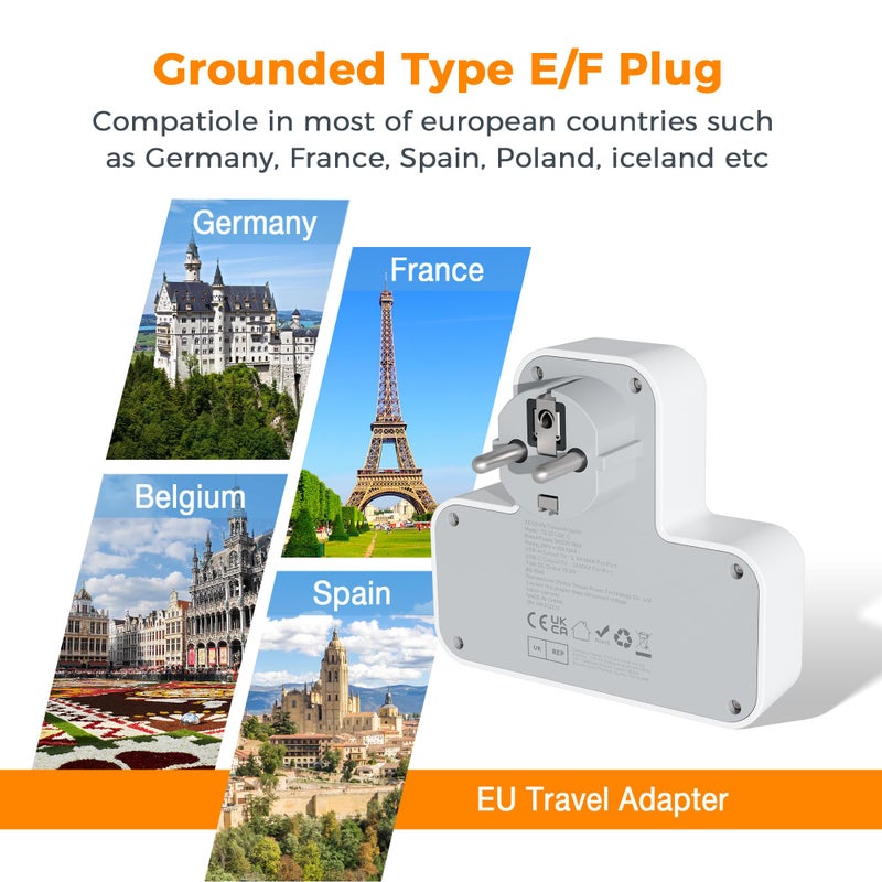TESSAN 2 Way UK to European Travel Plug Adapter with 3 USB Ports (1 USB C) - Image 5