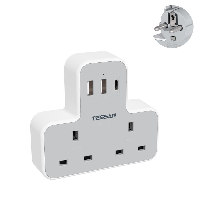 TESSAN 2 Way UK to European Travel Plug Adapter with 3 USB Ports (1 USB C) - Image 1