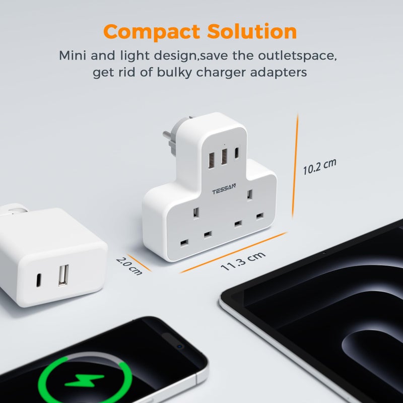 TESSAN 2 Way UK to European Travel Plug Adapter with 3 USB Ports (1 USB C) - Image 4
