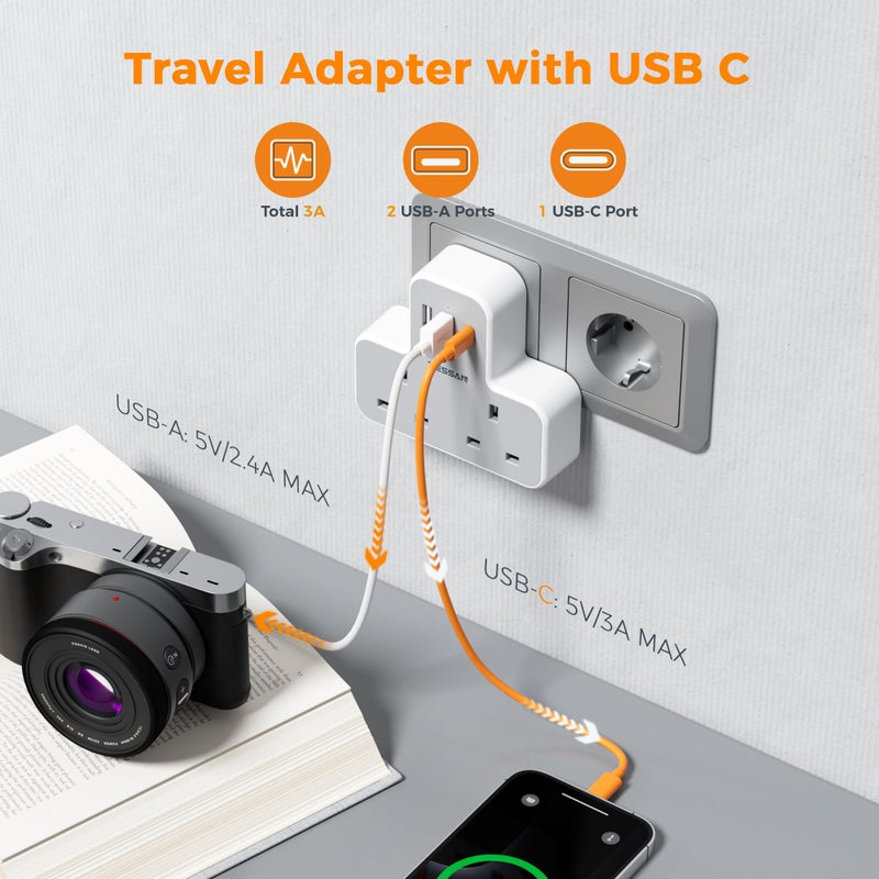 TESSAN 2 Way UK to European Travel Plug Adapter with 3 USB Ports (1 USB C) - Image 3